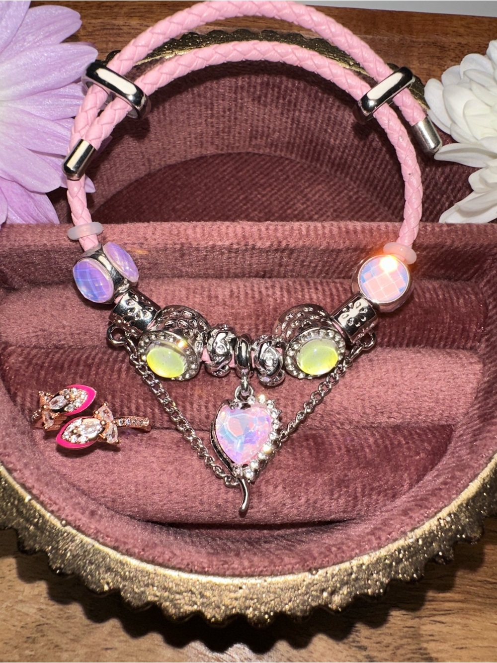 Pink Heart Charm Bracelet with Opalescent Accents with Accent Ring!